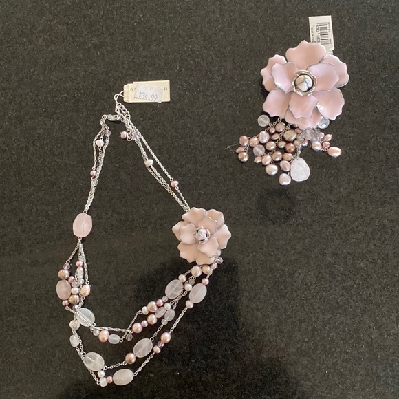 Anne Taylor gorgeous pink enamel, quartz,pearl costume necklace and brooch BNWT - Picture 5 of 8